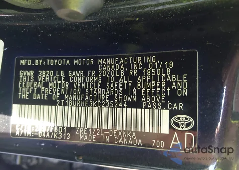 2019 Toyota Corolla Le из США, поврежденный, VIN 2T1BURHE3KC235244